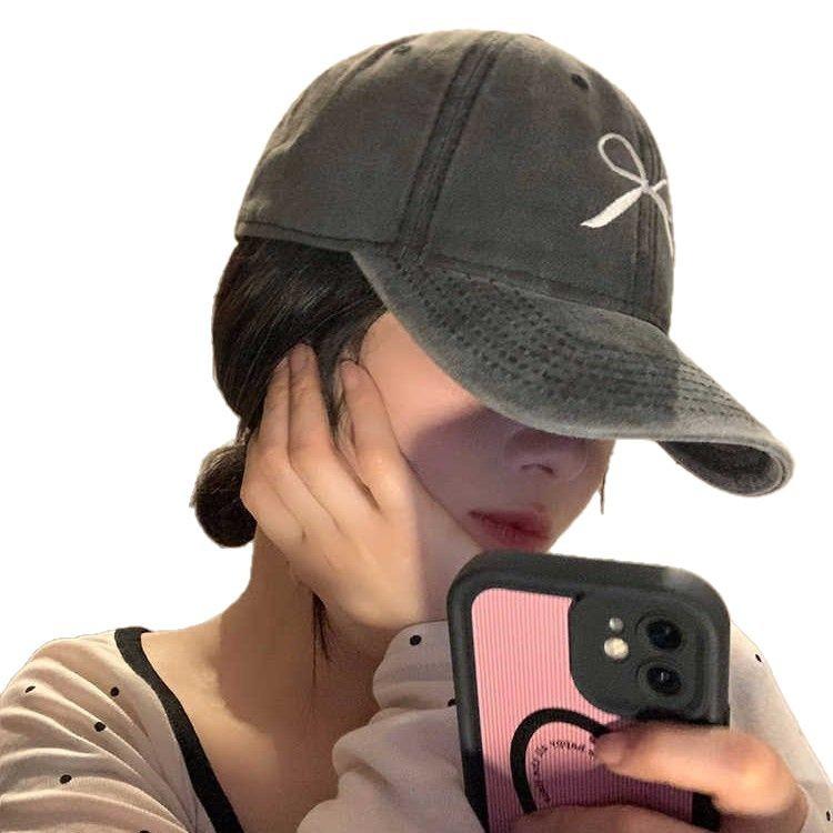 Korean-style vintage washed distressed bow baseball cap for women, new summer hat, gray American-style duckbill cap