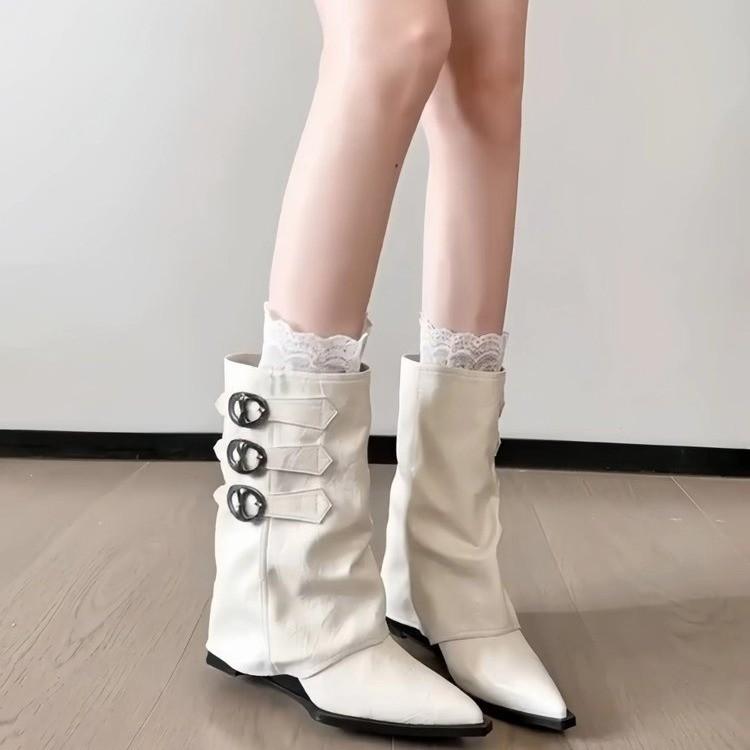 Height-increasing wasteland wind pointed knight trouser tube boots women's belt buckle white new medium tube stacking medium tube boots