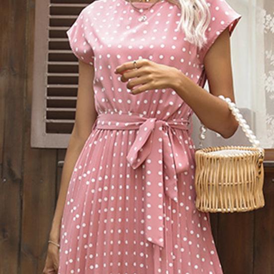 Women's Polka Dot Print Midi Dress Crewneck Short Sleeve A-Line Dress with Belt Summer