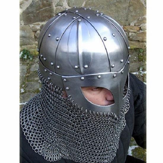 Реплика средневекового шлема викингов Боевой доспех 18G Стальной верх и кольчужная защита рта, шеи и груди