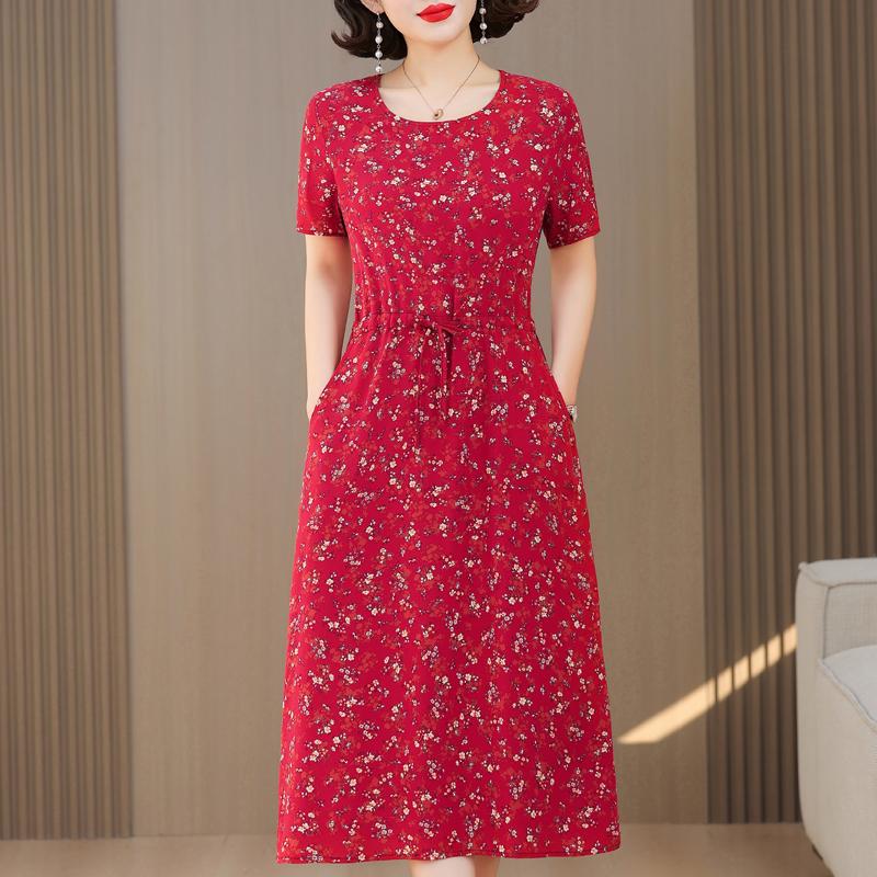 Plus Size Casual Summer Women's Dresses Elegant Slim Short Sleeve Vintage Print Long Dress Female Summer Clothes