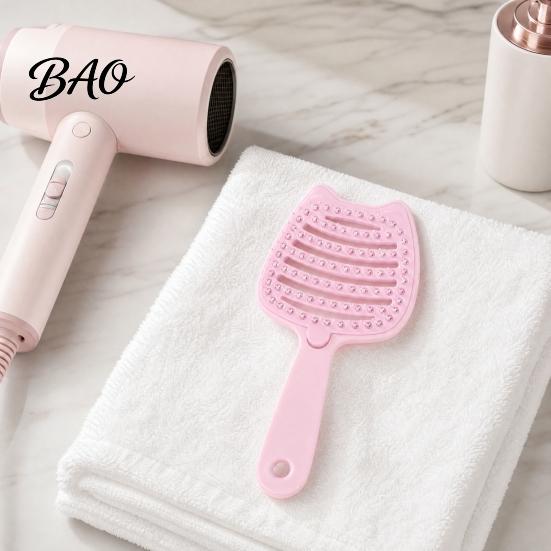 Vented Hair Brush Cat Ear Self Cleaning for Women, Styling Scalp Massage Faster Blow Drying, Detachable Curved Detangler Lightweight Hairbrush