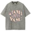 God Love You Letter Print Women's T-Shirt Oversized Wash Denim Half Sleeve Unisex Simple Casual Top High Quality Tees