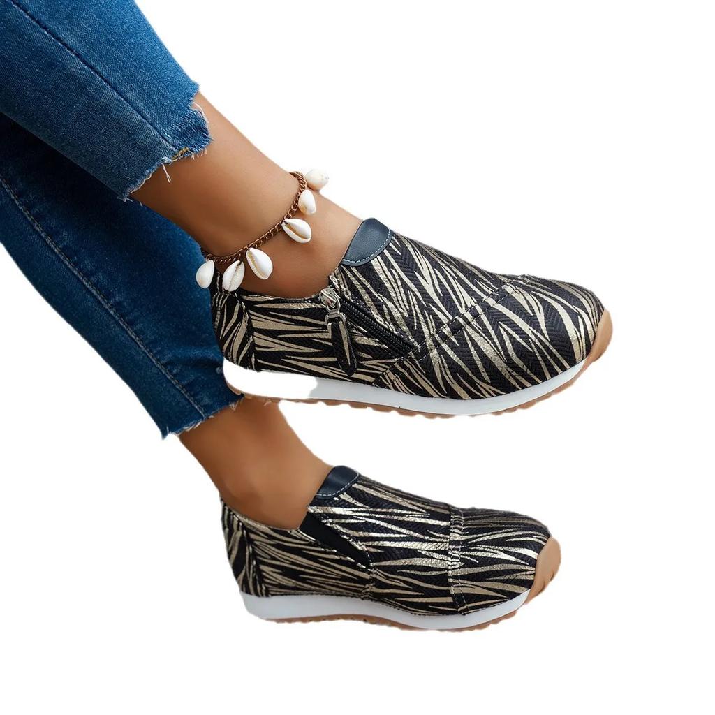 Женская повседневная спортивная обувь Весна Новые туфли-лоферы с круглым носком, глубоким вырезом и боковой молнией, противоскользящие, износостойкие, низкие