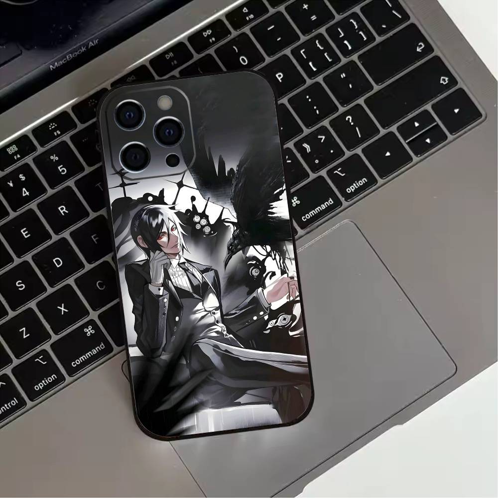 Черный чехол для телефона B-ButlerS (Аниме) для iPhone 17,16,15,14,13,12,11 Plus,Pro Max,XS, Мягкий силиконовый черный чехол