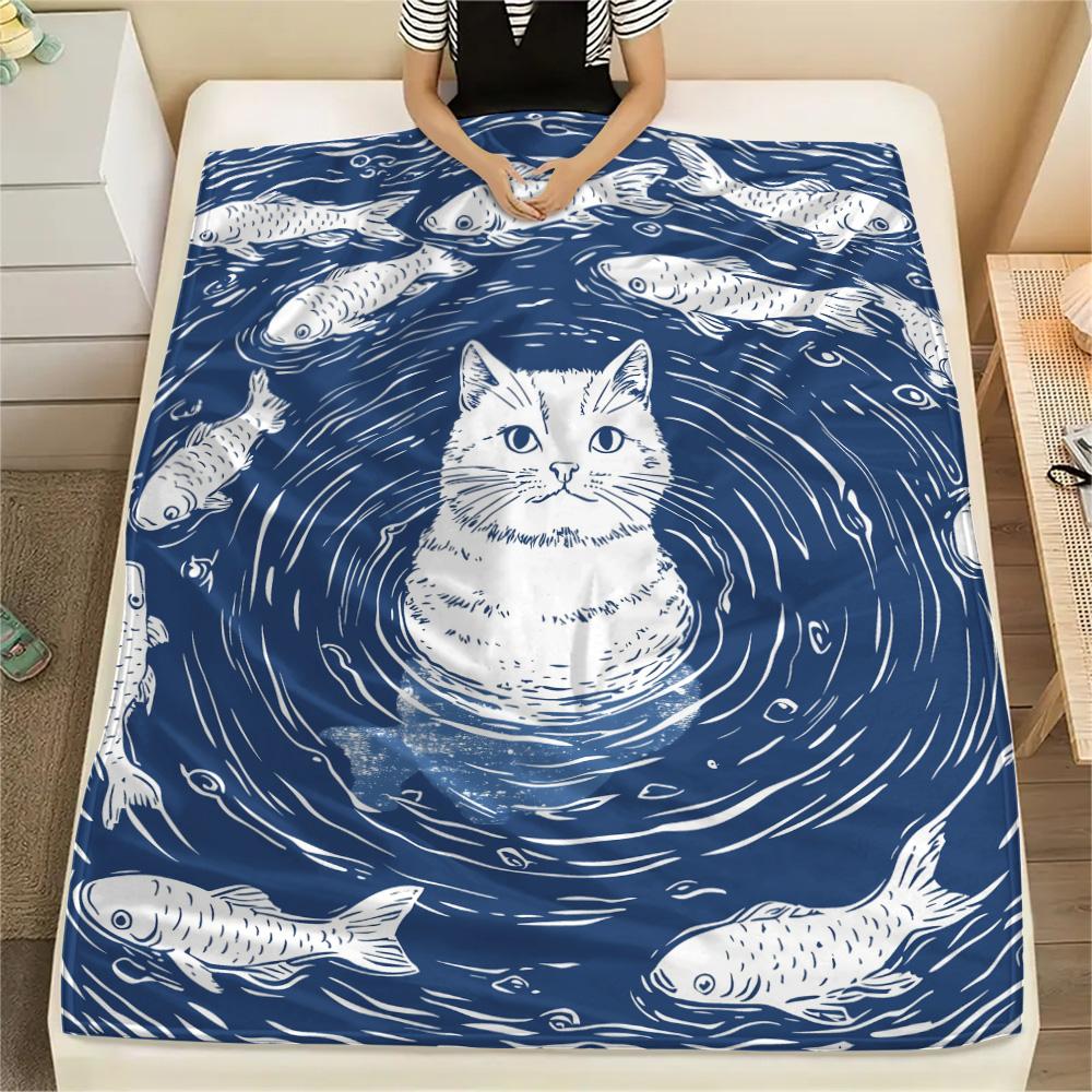 Artistic Cats Print Flannel Blanket, High quality Comfortable for All Seasons, Home Decor, Warmth and Comfort