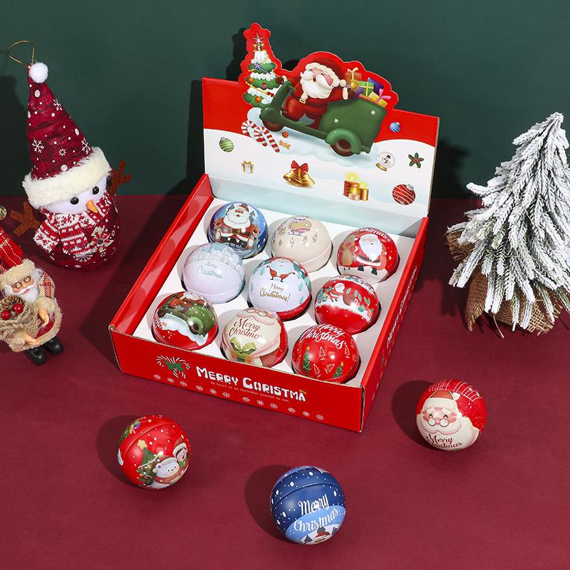 1PC Kids Favors Mini Tin Box Round Empty Case Santa Printing Candy Storage Case Round Ball Shaped