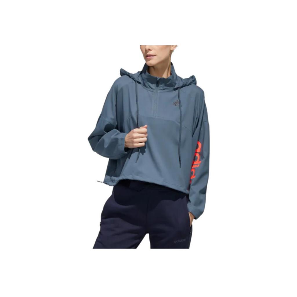 Adidas Logo Print Drawstring Hooded Jacket Women Jackets Blue GD4613