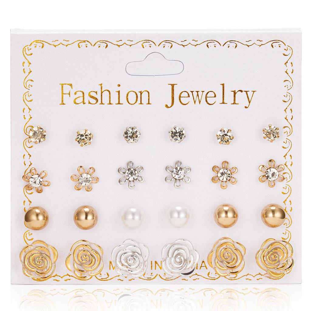 12 Pairs of Zircon Stud Earrings: Pearl, Flower & Bow Designs