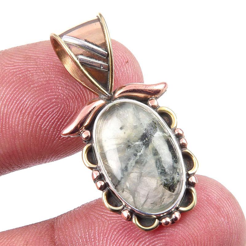 Natural Prehnite Gemstone 925 Solid Sterling Silver Two Tone Pendant 1.25'' B8d62