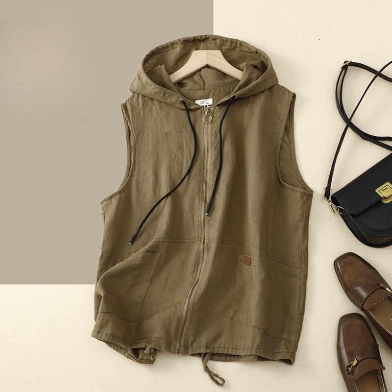 Весенний ретро-художник с капюшоном из хлопка и льна, повседневный свободный жилет без рукавов, короткая куртка для женщин, жилеты и жилеты для женщин