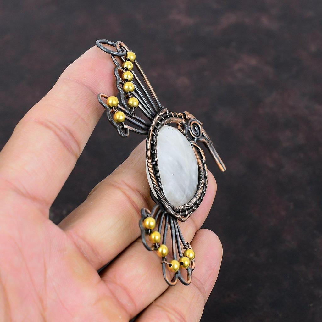 Радужный кулон с лунным камнем, медная проволока, кулон с драгоценным камнем, медные украшения, кулон ручной работы в стиле бохо, ювелирные изделия в виде птиц для подарка, кулон с камнем