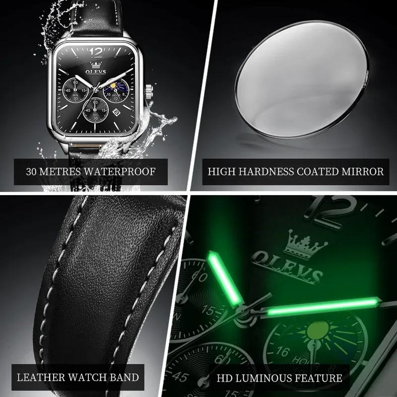 Square Quartz Men's Watch Three Eye Timer Moon Phase Automatic Date Waterproof Luminous Sports Watch