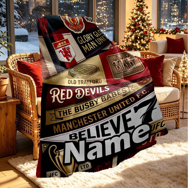 Custom Name Personalized Manchester United Print Blanket, Home Decor, Bedroom, Sofa, Camping, Couch, Gifts for Birthday Christmas