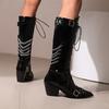 Punk Black White Boots Women's Back Chain Decor Shoes Knee High Boots Pointed Toe Leather Lace Up Chunky Heels Footwear