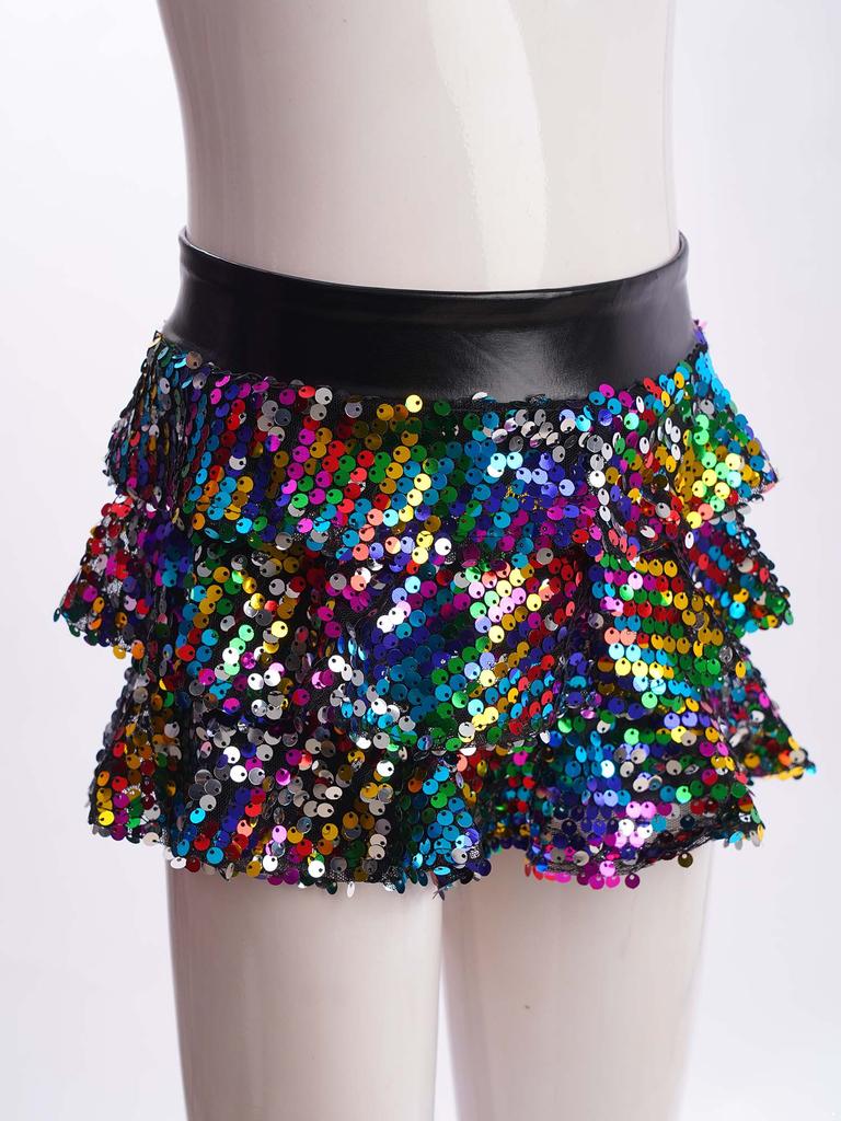 Детские шорты для выступлений для девочек, блестящие пайетки, многоярусные оборки, металлический эластичный пояс, кюлоты, одежда для танцев