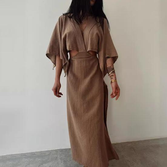 Женское платье макси с V-образным вырезом, сексуальное облегающее платье с коротким рукавом и разрезом, летнее длинное платье из хлопка и льна для пляжного отдыха