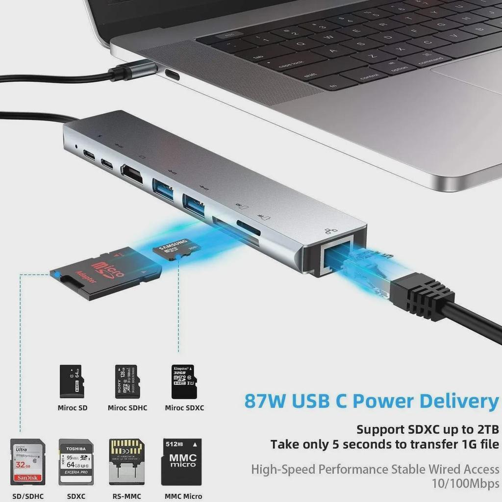 Многофункциональная док-станция USB-C 8-в-1: HDMI, сетевая карта и многое другое для ноутбуков