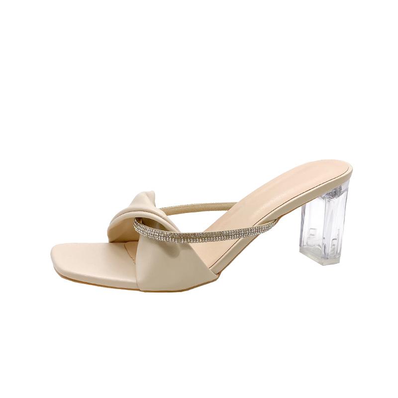 Модные сексуальные удобные туфли на высоком каблуке со стразами для женщин на толстом каблуке 2024 года, новые летние туфли с открытым квадратным носком для женщин