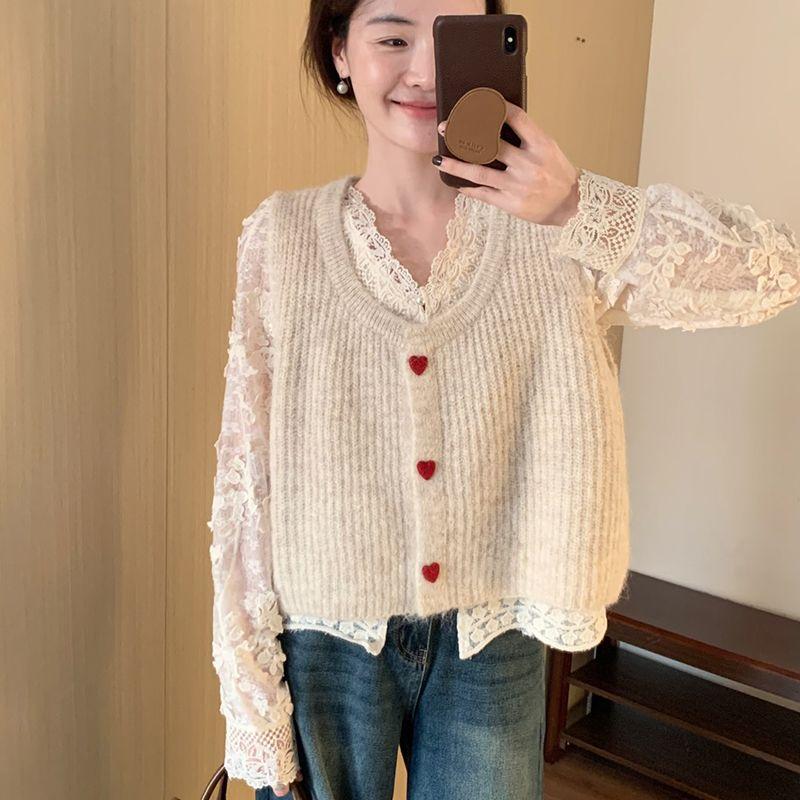 Sweet Heart Button Cardigan Vest Spring Korean Style Casual Sweater Waistcoat Base Layer