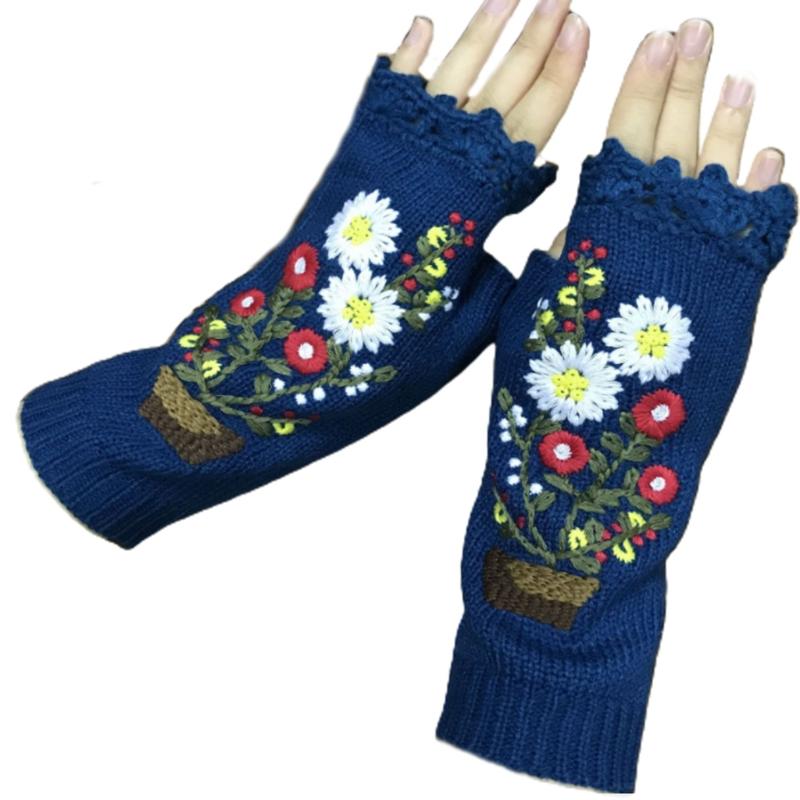 Cartoon Embroidered Hand Gloves Stretchy Knitted Mittens Fingerless Hand Warmer Flower Embroidery Half Finger Mittens