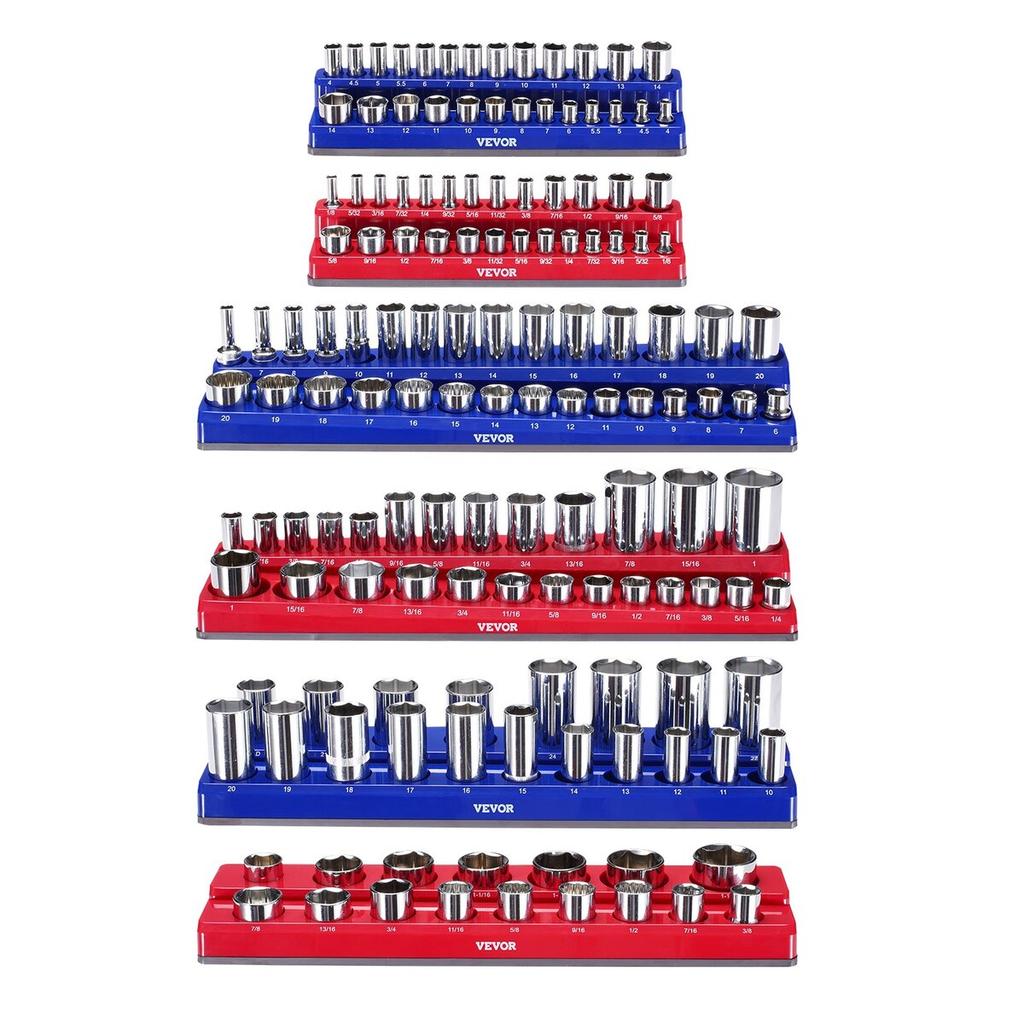 Magnetic Socket Organizer Set 6PCS Socket Trays Blue & Red for Metric SAE