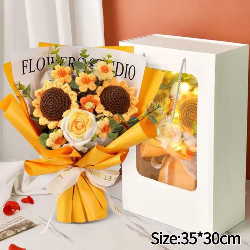 Mother'S Day Crochet Bouquet Finished Hand-Woven Artificial Flower Graduation Season Girl Friends Birthday Bouquet With Gift Bag