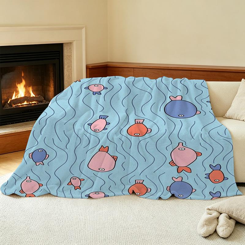 Thick Warm Cartoon Fish Flannel Blanket - Soft Plush Single for Home, Sofa Naps, Guest Room, Halloween & Christmas