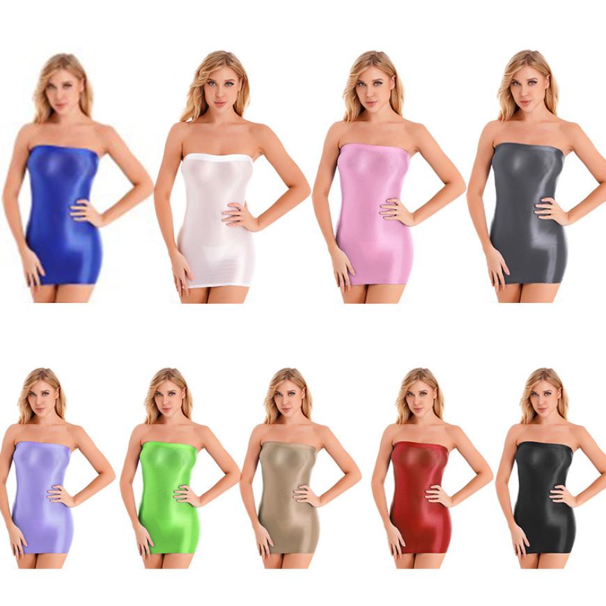 Womens Glossy Off Shoulder Sleeveless Slim Dress Stretchy Bodycon Mini Dresses