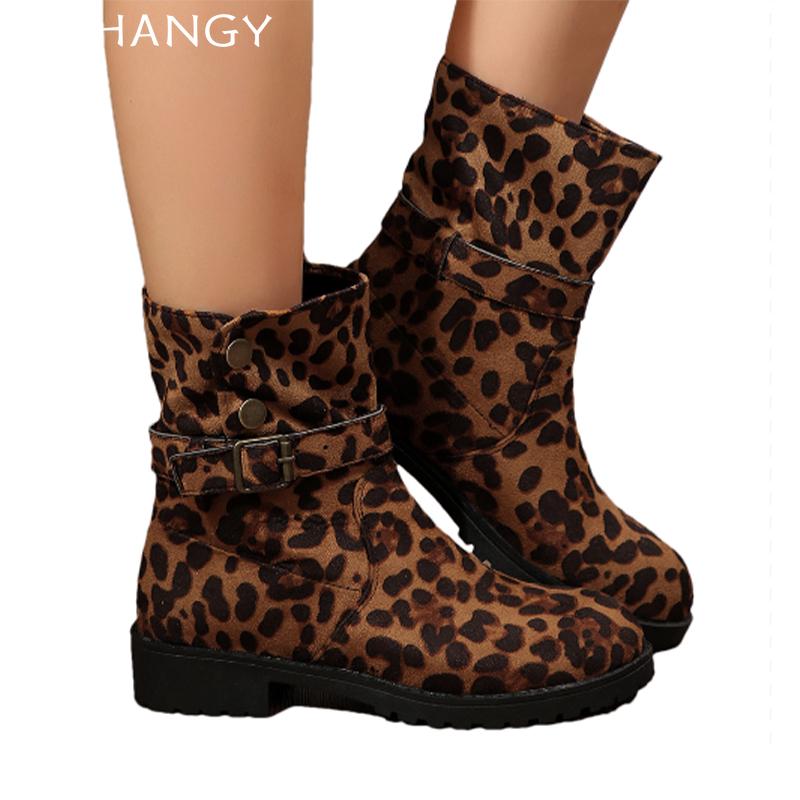 Женские замшевые леопардовые ботильоны зимние туфли на плоской подошве женская мода 2025 года новые ретро зимние мотоциклетные ботинки Mujer Botas