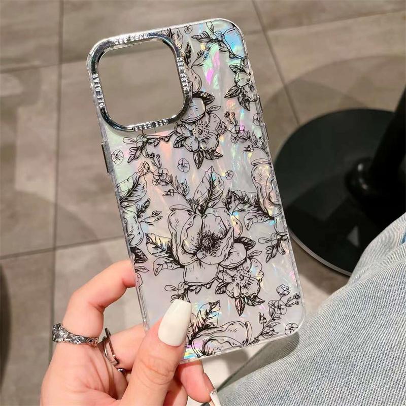 Luxury Laser Ink Flower Phone Case For iPhone 14 13 12 11 Pro Max Acrylic Shockproof Cover