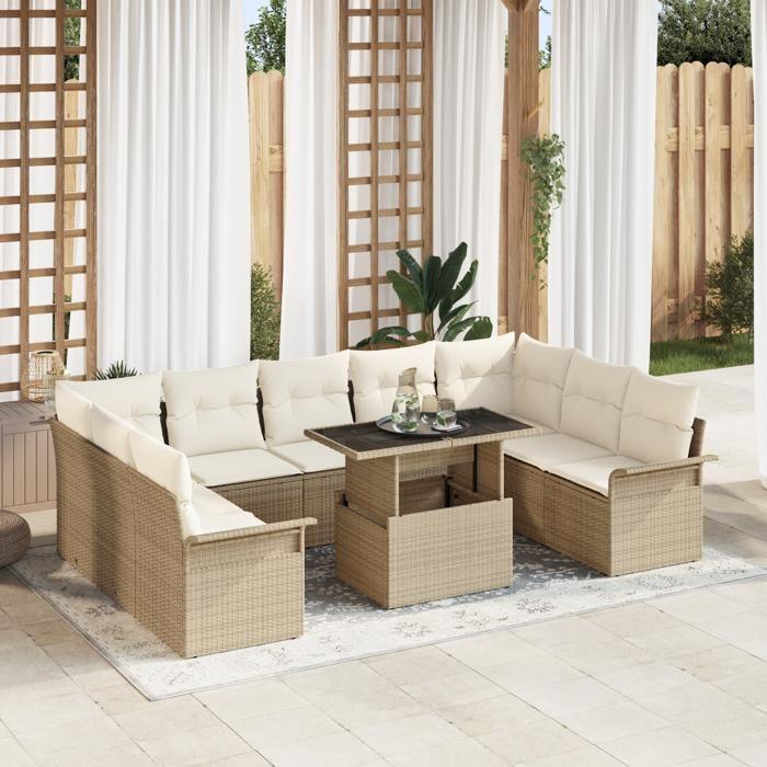 VidaXL Ensemble de canapés de jardin 10 pièces avec coussins beige rattan poly 3348347