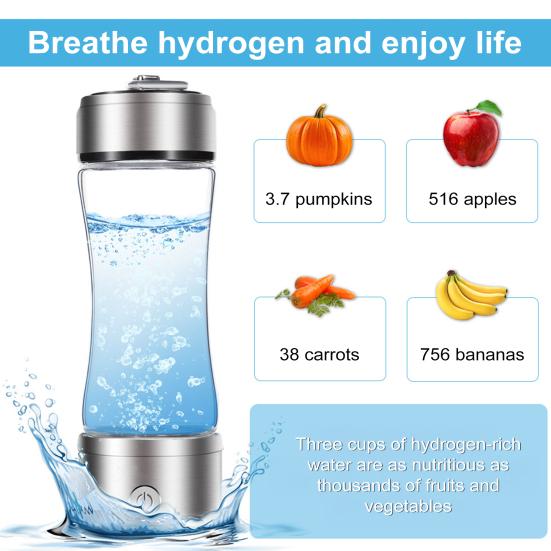 Hydrogen Water Bottle Generator 1300-2100ppb Hydrogen-Rich Water Cup 380ml High Borosilicate Glass SPE/PEM Technology Smart Health Cup for Home Office