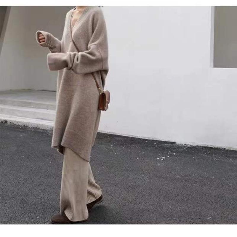 Tooxika Women's Autumn And Winter New Sweater V-neck Knitted Sweater Loose Large Size Solid Color Medium And Long Sweater For Women