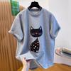 Summer 100% Cotton Casual Oversized T Shirt Women's Hip Hop Streetwear Harajuku Cartoon Cat Short Sleeve T-shirts for Women Gray Y2k Tops