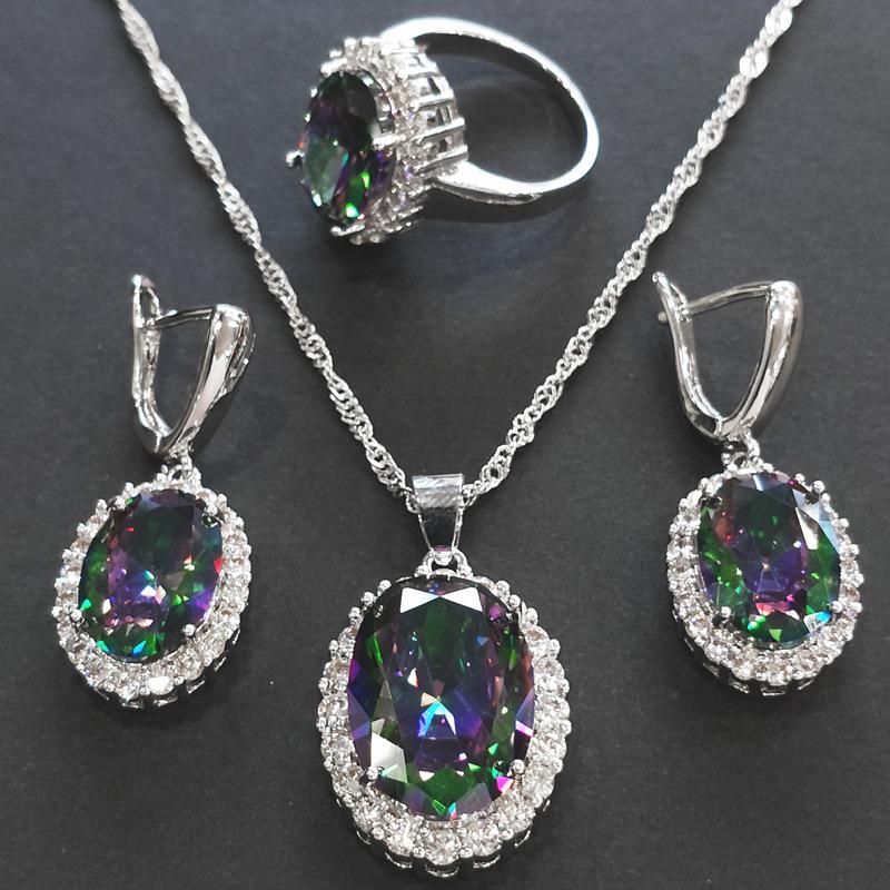 European and American Zircon Jewelry Set Jewelry Ring Necklace Earrings Inlay