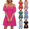 Women's Fashionable Solid Color One Line Neckline Bubble Short-Sleeved Temperament Pleated High Waisted Dress
