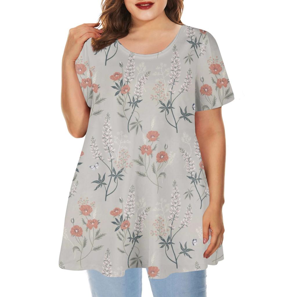 Ladies Round Neck Printed Short Sleeve Top Loose Casual Short Sleeved Plus Size Tops