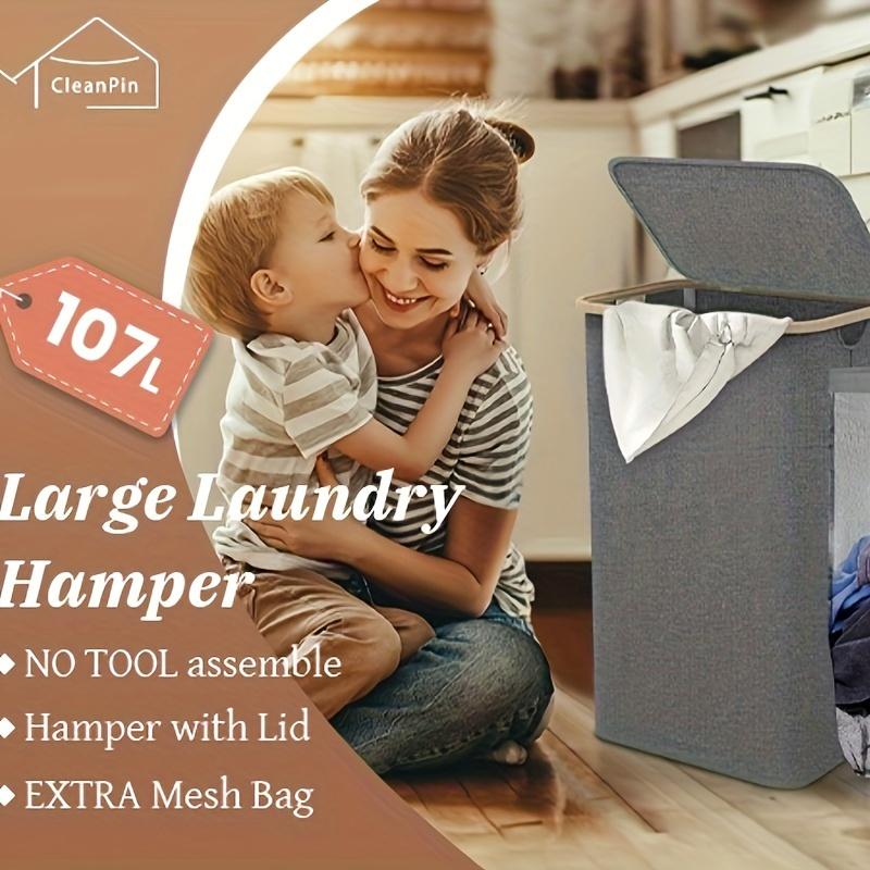 100L Large Laundry Hamper with Handles and Lid, Collapsible Clothes Hamper with Removeable Mesh Bag, Mesh Washable Laundry Bags