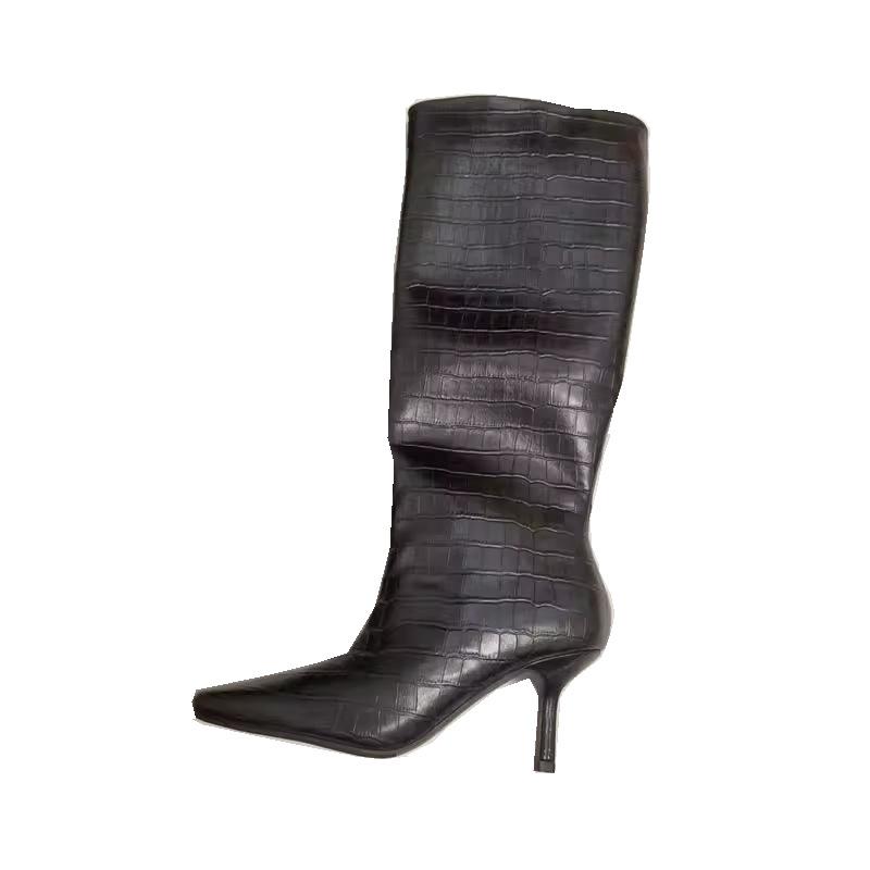 2025 новые Mona с квадратным носком, на высоком каблуке, белые рыцарские сапоги, с тиснением под крокодила, высокие, до колена, европейские и американские, но сапоги до колена
