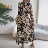 Lady Spring Fall Dress V Neck Floral Print Long Sleeves High Tight Waist A-line Flowy Ruffle Hem Dating Shopping Midi Dress