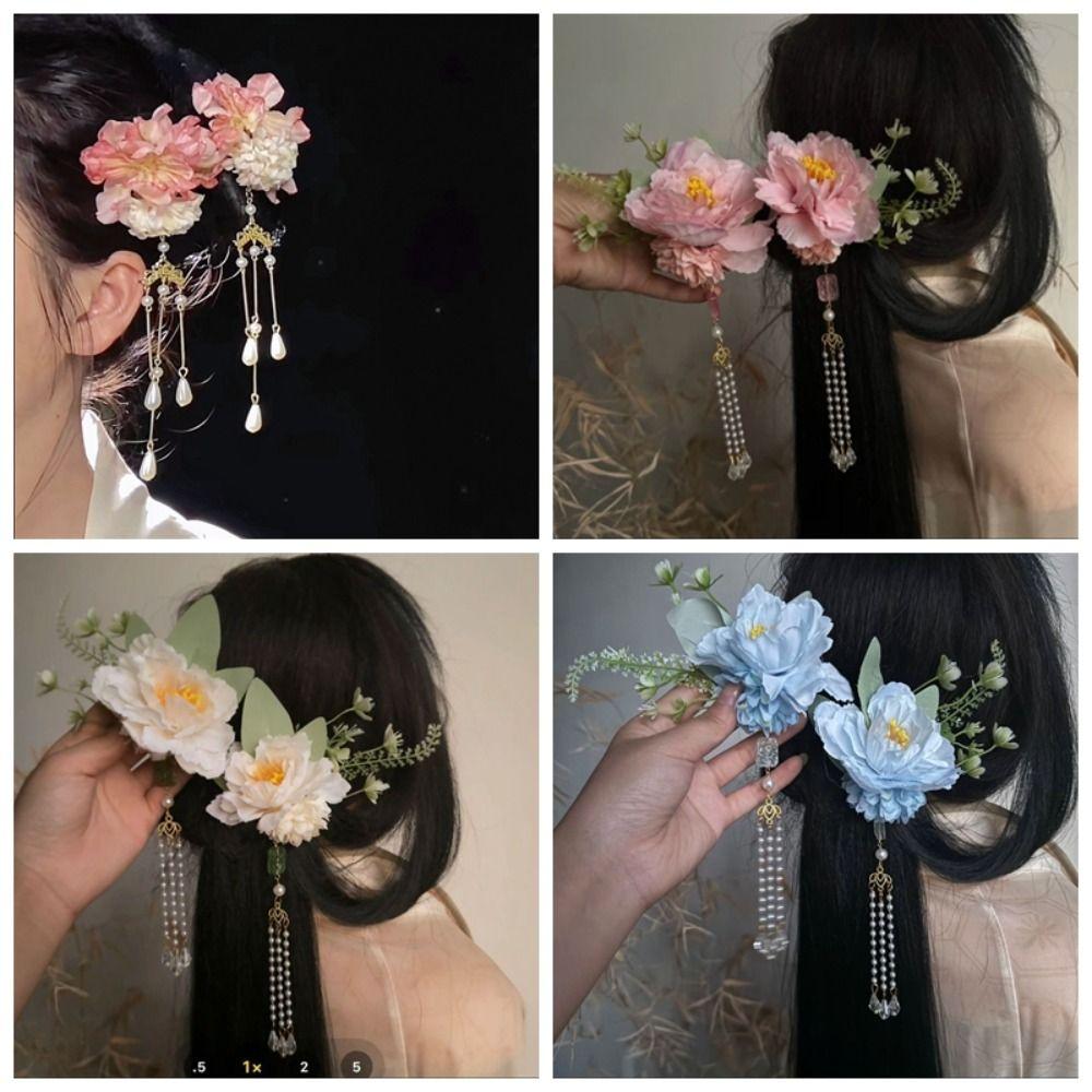 2PCS Handmade Flower Hairpin Pearls Hanfu Hairpin Exquisite Floral Hair Clip Hair Accessories