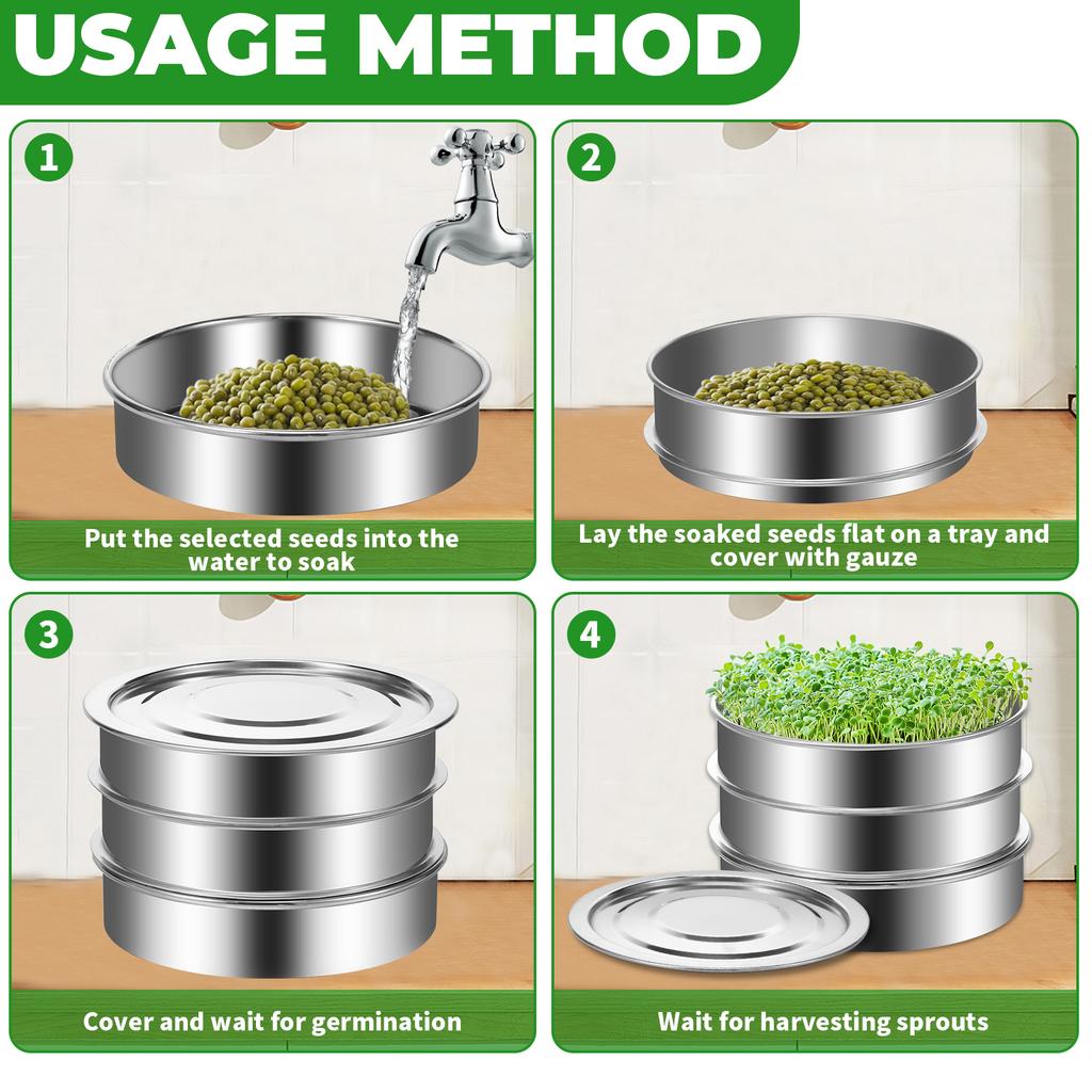 Набор для проращивания семян из нержавеющей стали, сетчатые поддоны для проращивания, штабелируемый набор для выращивания ростков фасоли, многоразовые инструменты для посадки семян фасоли и гороха