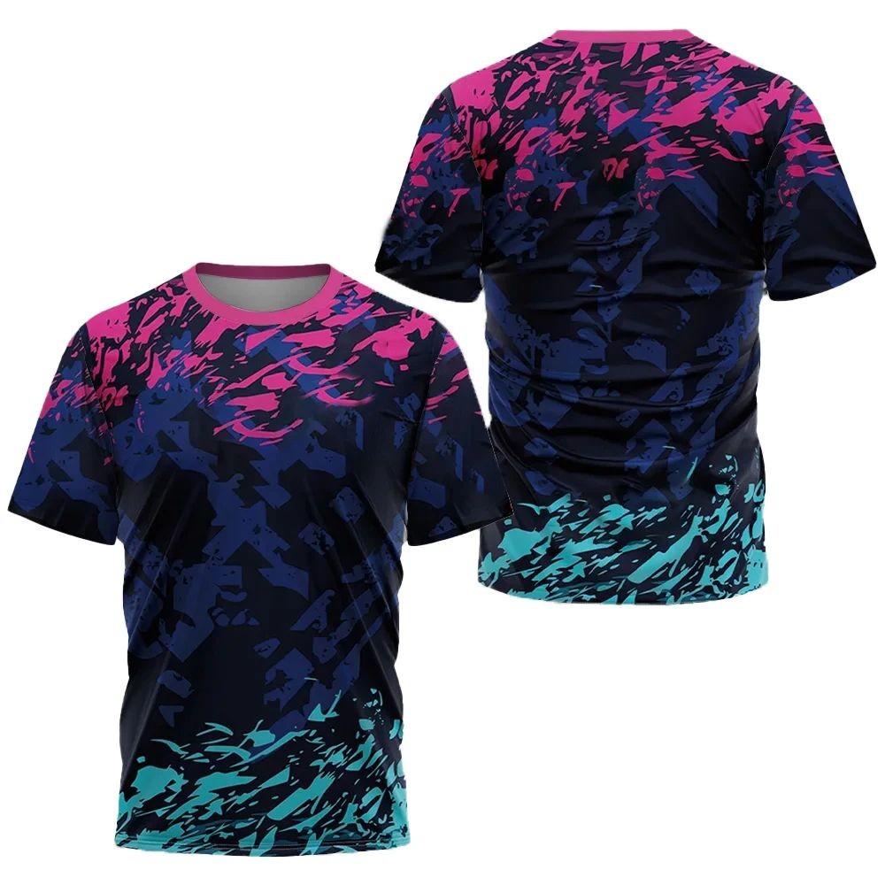 Summer Men's Badminton Training Suit 3D Striped Printed Pattern Round Neck T-shirt Outdoor Casual Sports Short Sleeved Tops
