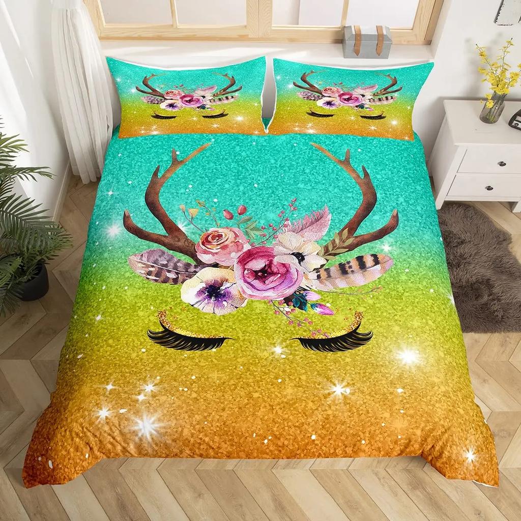 Unicorn Eyelas Duvet Cover Gradient Red and Purple Rainbow Golden Long Lashes Glittering Polyester Bedroom Decorations Women Kid