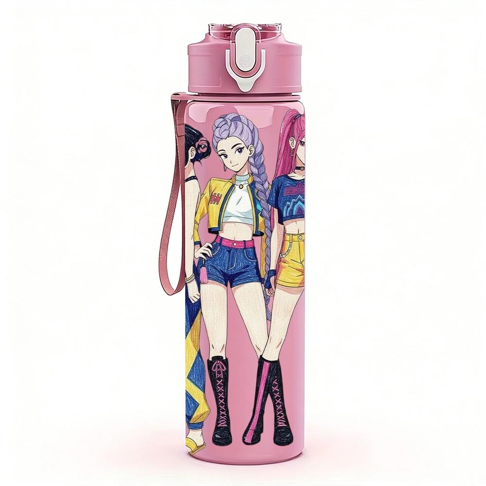 1PC Retro Fashion Girl Trio 750ml Color Plastic Sports Water Bottle Leakproof Flip Straw Lid Suitable for Sports Office Home Use