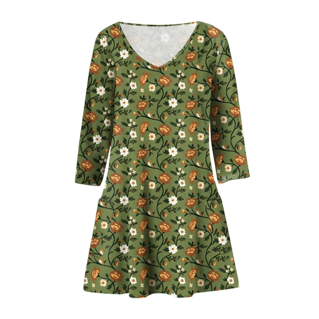 Женское модное повседневное платье с V-образным вырезом, цветочным принтом, карманом и рукавом три четверти