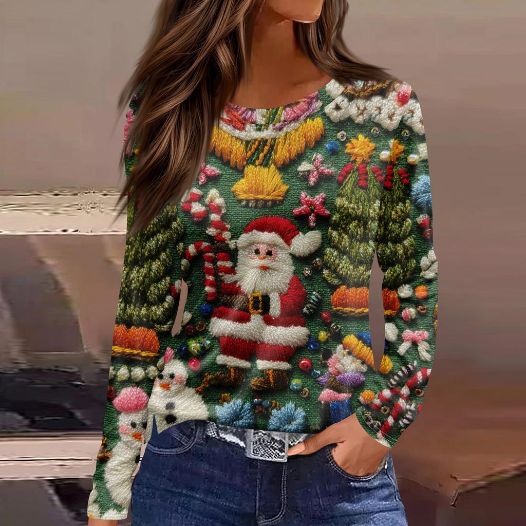 Women's Fashion Hem Slit Casual Christmas Printed Round Neck Long Sleeve Top