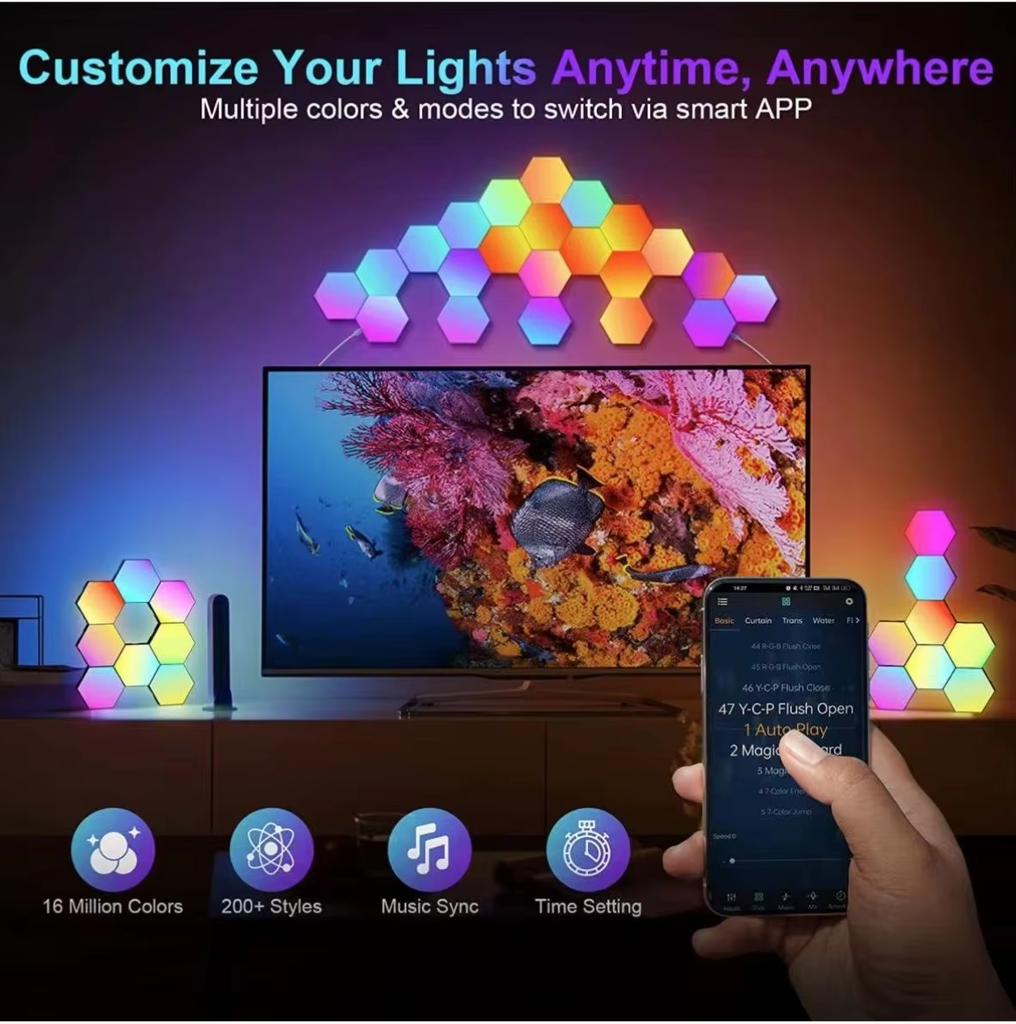 RGB интеллектуальный шестиугольный настенный светильник, меняющий цвет, окружающий ночник DYI, форма, музыкальный ритм, управление через приложение для игровой комнаты, спальни