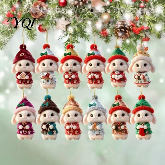 Christmas Garland Hanging Ornaments Bunny Wooden Ornament, 2D Flat Rabbit Decor with Santa Indoor Holiday Party Decorations Hat, Tree Pendant
